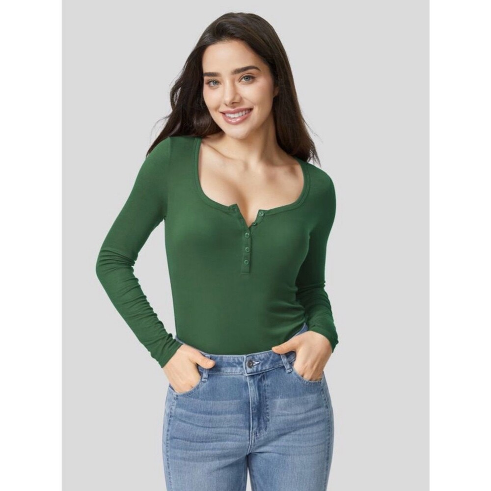 Ribbed Henley Neck Long Sleeve Slim OCasual T-Shirt Size XS